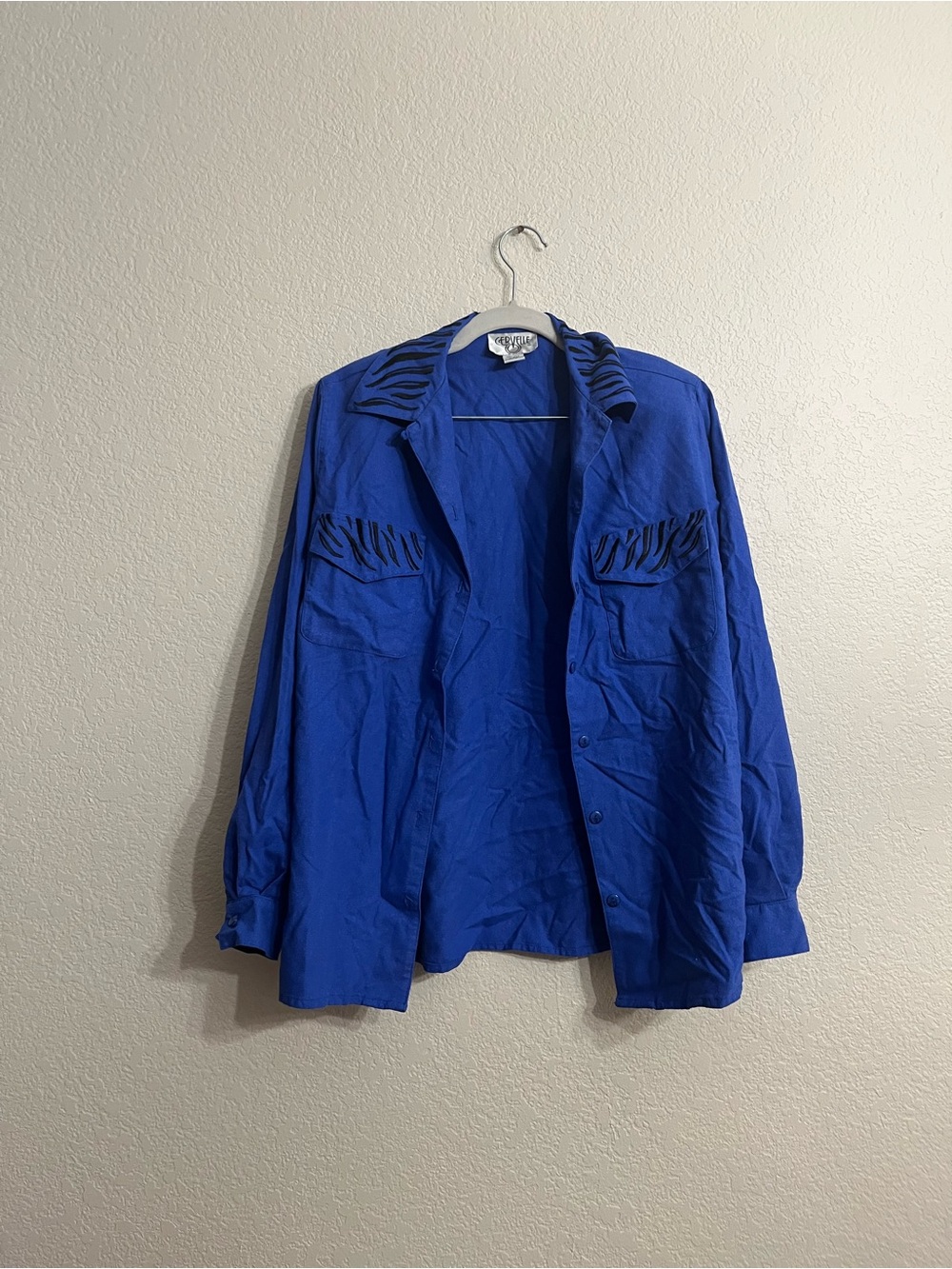 100% silk vintage Bold Cobalt Button-Front Women's Blazer with Zebra Trim